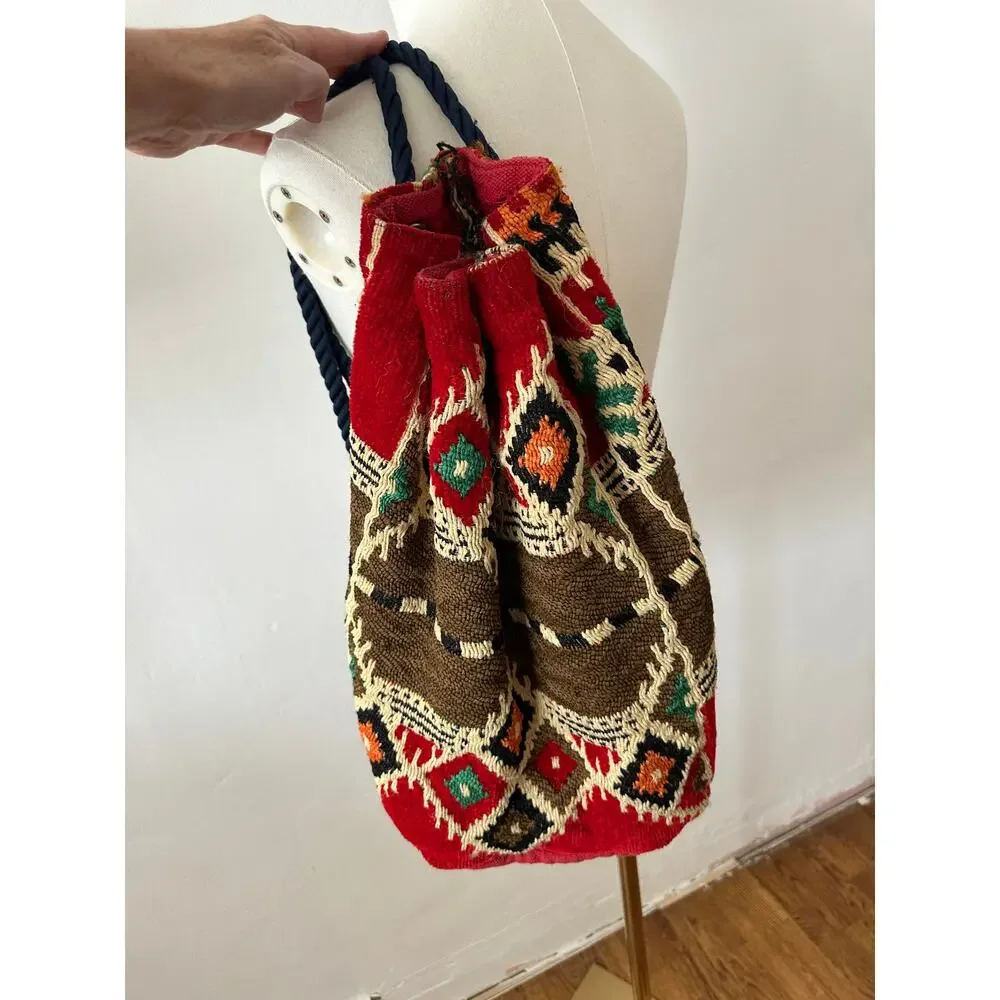Vintage Kilim Tapestry Backpack Travel Bag Red Multicolor Drawstring Boho